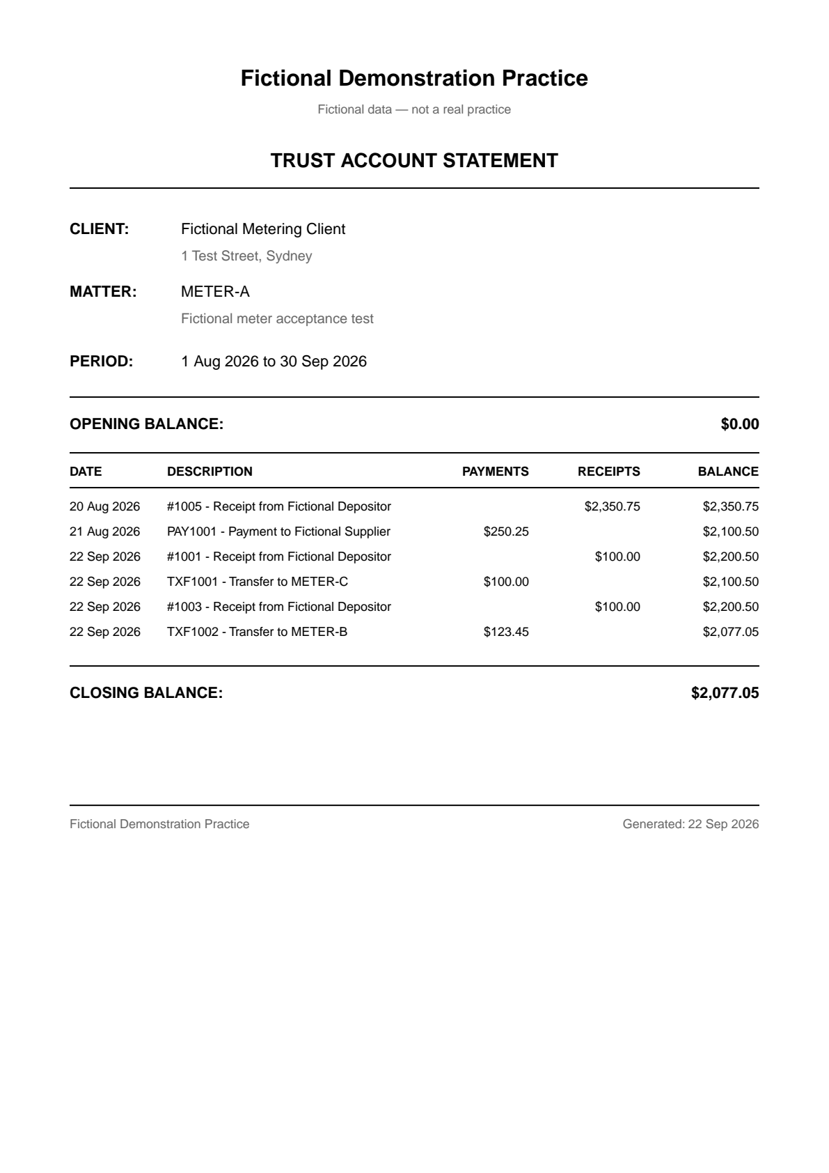 A matter statement with dated movements, running balances and opening and closing figures. All practice and client data is fictional.