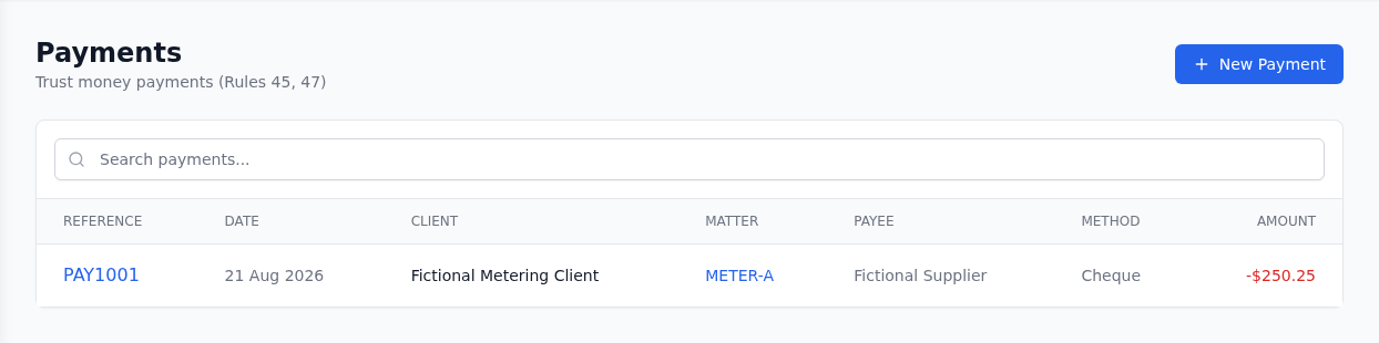The payments screen of TrustLedger for a fictional practice, listing a cheque payment with its reference, date, client, matter, payee, method and amount.