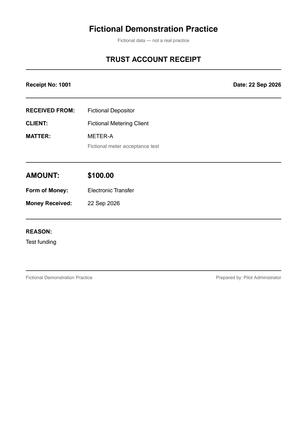 A receipt issued by the app, showing the payer, matter and form of money. All practice and client data is fictional.